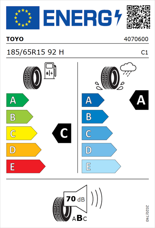 Tyre Label for Toyo Proxes Comfort 185/65R15 92H